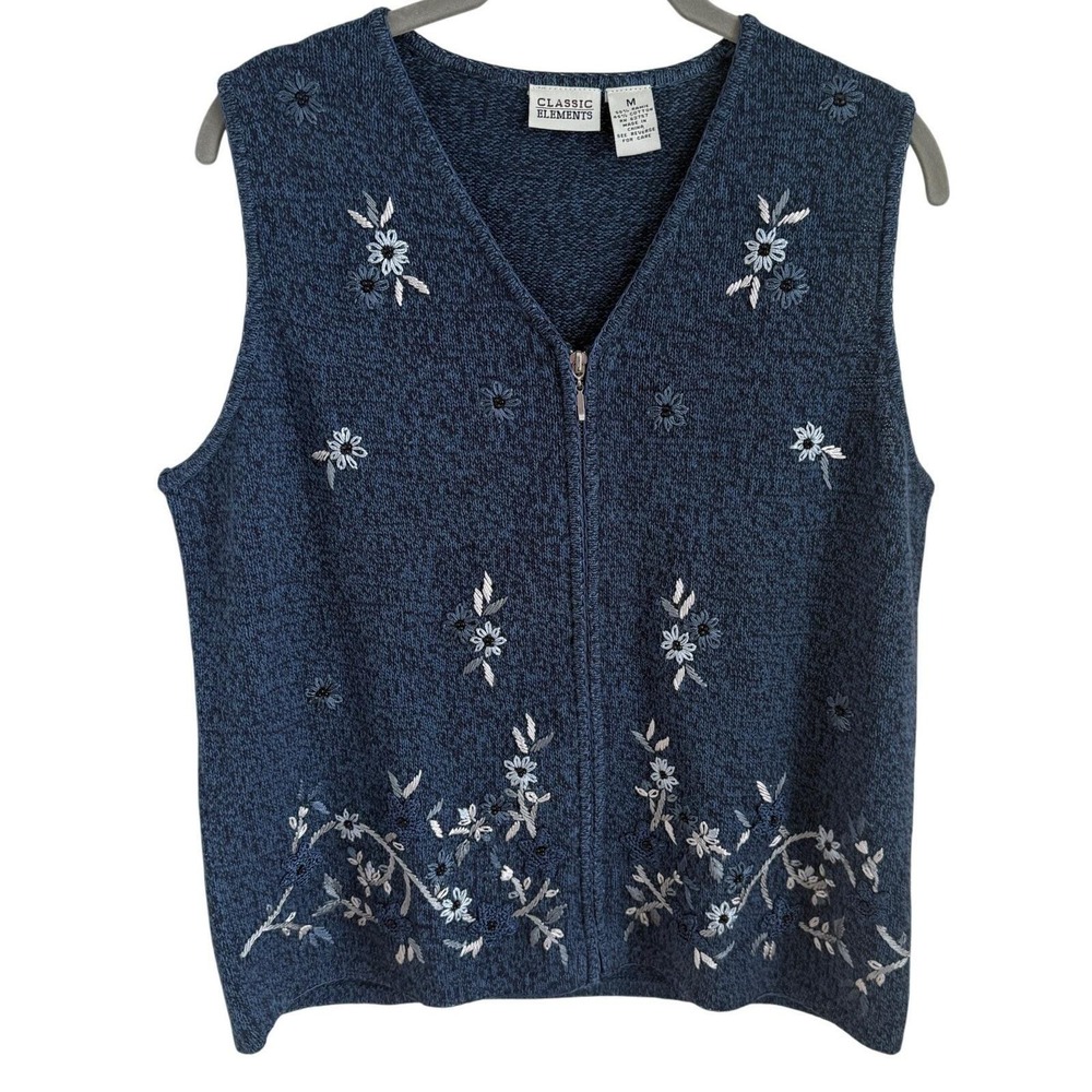 Vintage Blue Floral Embroidered Knit Vest Zip Up M - Picture 3 of 6